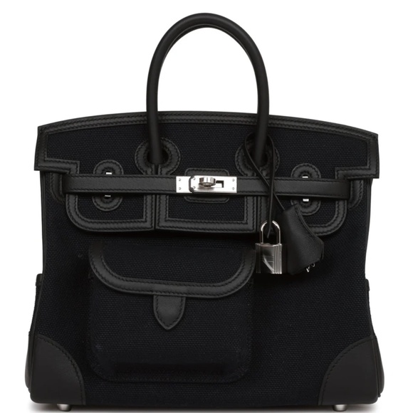 Hermes Cargo Birkin 25 Black Swift & Toile Canvas Palladium Hardware Handle Bag - Picture 1 of 7